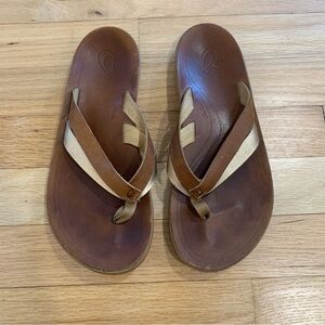 Olukai Women’s Kaekae Leather Brown Gold Flip Flop Sandals Size 7 Coastal Casual
